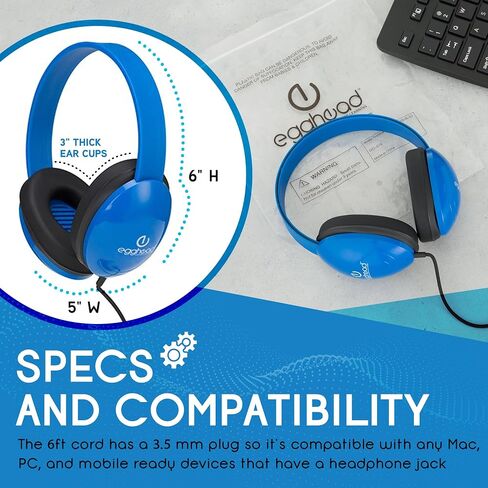 Egghead Heavy-Duty Kids' Headphones with Padded Ear Cups and 6' Cord, Adjustable Tangle-Free Plastic Classroom Headphones for Kids, Pack of 10, Blue in Kuwait