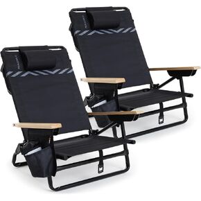 WOVN Premium Reclining Beach Chairs 2 Pack - Portable Lay Flat Folding Beach Chair for Adults - Includes Shoulder Backpack Strap, Pillow, 2 Pockets, and Cup Holder - Black in Saudi Arabia