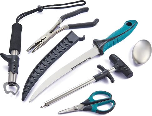 KNINE OUTDOORS 6PCS Fishing Tool Kit, Fishing Pliers, Fish Fillet Knife, Fishing Gripper, Fishing Scissors for Braided line, Fishing Gear and Equipment, Fishing Gifts for Men in Kuwait