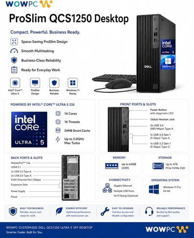 Customized Dell Pro Slim QCS1250 Business Desktop Computer, Intel Core Ultra 5 235, 32GB DDR5 1TB PCIe, Up to 64GB RAM 4TB SSD, Dual 4K Monitor Support, USB-C, Wi-Fi, Wired KB&Mouse, Win11 Pro in Kuwait
