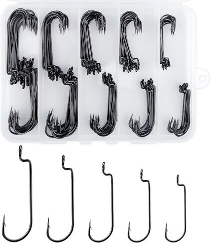 Alwonder 100-Pack EWG Hooks Bass Fishing Worm Hooks Kit Freshwater Saltwater, Wide Gap Round Bend 2X Strong Soft Plastic Bait Carolina Texas Rig Hook #1 1/0 2/0 3/0 4/0 Red/Black High Carbon Steel in Saudi Arabia