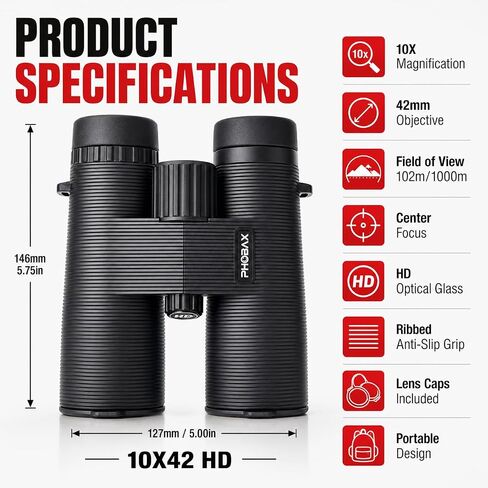 10x42 HD Binoculars for Adults, Professional Waterproof Compact Binoculars with Large Objective Lens, Center Focus, Lightweight Outdoor Binoculars for Bird Watching, Hunting, Hiking, Camping, Travel in Kuwait
