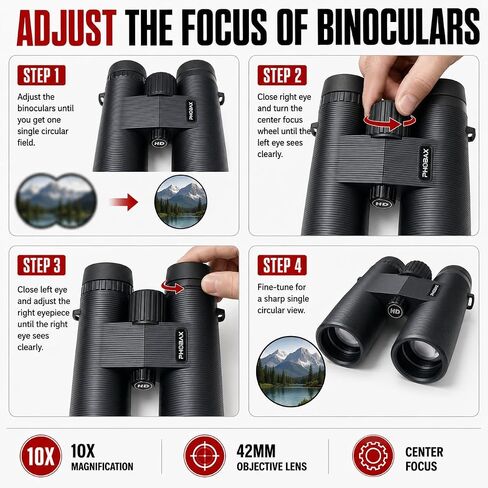 10x42 HD Binoculars for Adults, Professional Waterproof Compact Binoculars with Large Objective Lens, Center Focus, Lightweight Outdoor Binoculars for Bird Watching, Hunting, Hiking, Camping, Travel in Kuwait