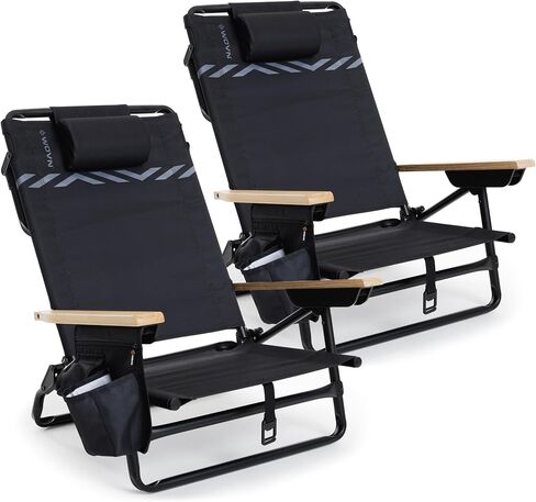 WOVN Premium Reclining Beach Chairs 2 Pack - Portable Lay Flat Folding Beach Chair for Adults - Includes Shoulder Backpack Strap, Pillow, 2 Pockets, and Cup Holder - Black in Saudi Arabia
