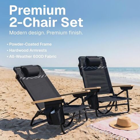 WOVN Premium Reclining Beach Chairs 2 Pack - Portable Lay Flat Folding Beach Chair for Adults - Includes Shoulder Backpack Strap, Pillow, 2 Pockets, and Cup Holder - Black in Saudi Arabia