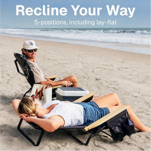 WOVN Premium Reclining Beach Chairs 2 Pack - Portable Lay Flat Folding Beach Chair for Adults - Includes Shoulder Backpack Strap, Pillow, 2 Pockets, and Cup Holder - Black in Saudi Arabia