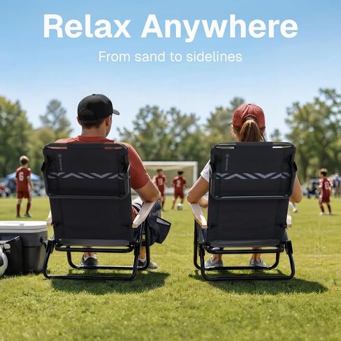 WOVN Premium Reclining Beach Chairs 2 Pack - Portable Lay Flat Folding Beach Chair for Adults - Includes Shoulder Backpack Strap, Pillow, 2 Pockets, and Cup Holder - Black in Saudi Arabia