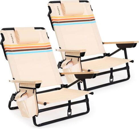 WOVN Premium Reclining Beach Chairs 2 Pack - Portable Lay Flat Folding Beach Chair for Adults - Includes Shoulder Backpack Strap, Pillow, 2 Pockets, and Cup Holder - Drifter in Saudi Arabia