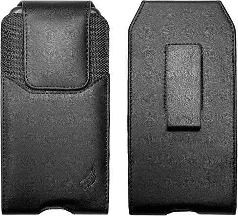 Leather Cell Phone Holster for T-Mobile REVVLRY+, REVVL 4, AT&T Fusion Z, Motivate, Jitterbug Smart3, Kyocera DuraSport 5G - Vertical Case Waist Carrying Pouch with Belt Clip/Loops, Black in Kuwait
