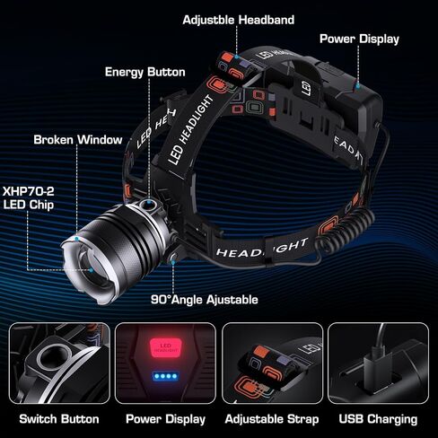 AMAKER LED Headlamp Rechargeable 99000 High Lux, Head Lamp with 12 Modes, IPX7 Waterproof USB Rechargeable Headlight, Zoomable Headlamp for Adults, 90° Adjustable for Camping Hunting in Saudi Arabia