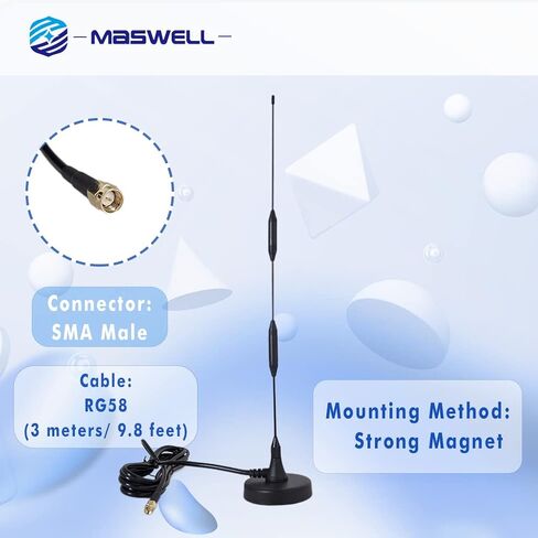 MASWELL Cellular Antenna 4G Whip Antenna High Gain 5dBi Magnet Mount for Cellular 4G LTE 3G and GSM Long Monopole 700MHz Band Included Connector Type：SMA Male in Kuwait