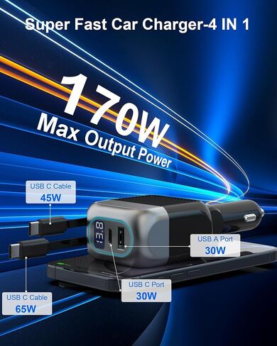170W Dual USB C Retractable Car Charger, 4-in-1 Fast Charging Car Adapter in Kuwait