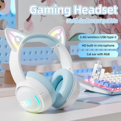 Cat Ear Wireless Gaming Headset for Phone/PC,2.4G/Type-C Headphones with HD biult-in Mic, RGB Rainbow Lighting,Lightweigh in Saudi Arabia