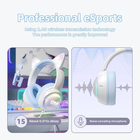 Cat Ear Wireless Gaming Headset for Phone/PC,2.4G/Type-C Headphones with HD biult-in Mic, RGB Rainbow Lighting,Lightweigh in Saudi Arabia