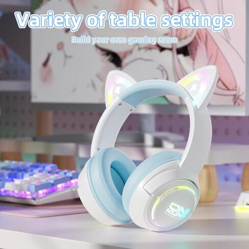 Cat Ear Wireless Gaming Headset for Phone/PC,2.4G/Type-C Headphones with HD biult-in Mic, RGB Rainbow Lighting,Lightweigh in Saudi Arabia