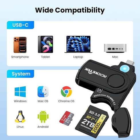2-in-1 USB-C 4.0 SD & Micro SD Card Reader, High-Speed 5Gbps Adapter for SDXC, SDHC, MMC, RS-MMC, Micro SDXC, Micro SD, Micro SDHC Cards (Plug-and-Play, Black) in Kuwait