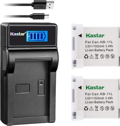 Kastar Battery (X2) & Slim LCD Charger for Canon NB-11L and PowerShot SX410 is SX400 is ELPH 170 is 340 HS 320 HS 130HS 110 HS 1150 HS A2300 is A2400 is A2500 A2600 A3400 is A3500 is A4000 Cameras in Kuwait