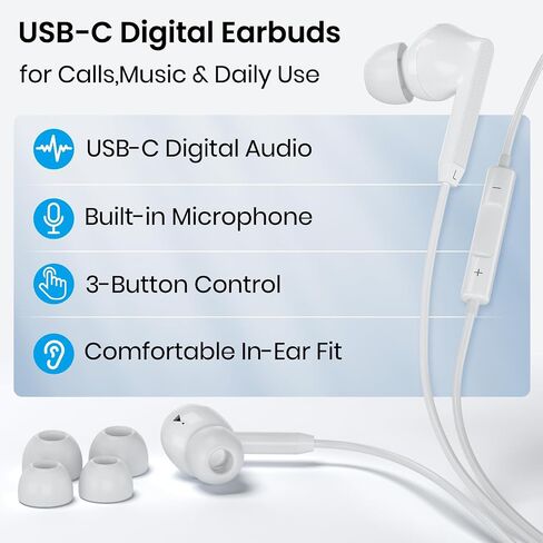 USB C Wired Earbuds,USB C Headphones Wired with Microphone for iPhone 17/16/15 Pro Max Plus, Type C in-Ear Earphones, HiFi Stereo, No Latency, Comfortable for All-Day Use, for Android in Saudi Arabia