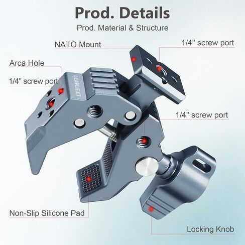 Crab-Shaped Super Clamp, Aluminum c clamp Suitable for Magic Arm, 1/4"-20, 3/8"-16 Threaded HolesAnd NATO Slides, 11lbs/5kg Payload, Compatible with Cameras, Monitors, LED Lights, etc. in Saudi Arabia