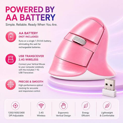 J-Tech ماوس رأسي لاسلكي رقمي مريح للأيدي الصغيرة مع جهاز إرسال واستقبال USB نانو، بطارية AA، 3 نقطة في البوصة، متوافق مع ماك والكمبيوتر الشخصي، وردي [V628M-2.4GP] in Kuwait