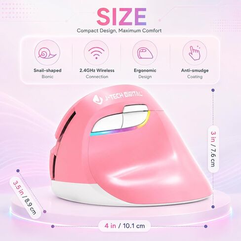 J-Tech ماوس رأسي لاسلكي رقمي مريح للأيدي الصغيرة مع جهاز إرسال واستقبال USB نانو، بطارية AA، 3 نقطة في البوصة، متوافق مع ماك والكمبيوتر الشخصي، وردي [V628M-2.4GP] in Kuwait