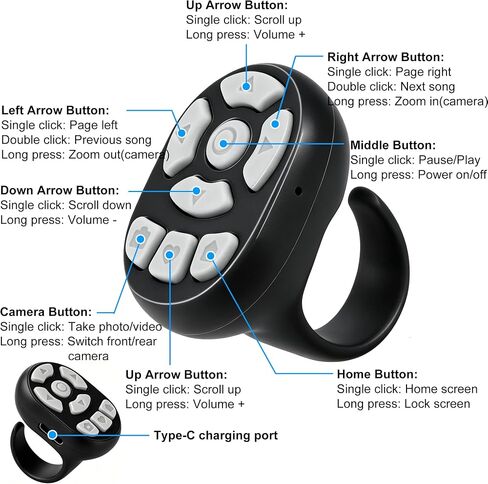 Finger Ring Mouse Mini Wearable Bluetooth Remote Control Scrolling Ring Thumb Mouse Travel Portable Wireless Handheld Air Mouse for Smartphone iPad Tablet for Page Turn Watch Video Take Photo, Black in Kuwait