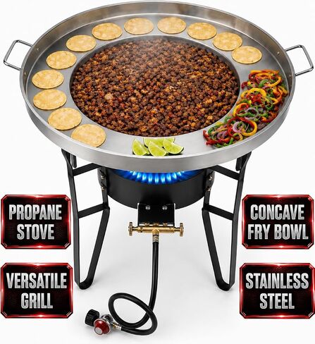 23" Stainless Steel Concave Comal Set with High Pressure Propane Stove-150,000 BTU-Stir Fry Wok-Discada Grill Pan Mexican Style-Fire Disc-Ideal for Home & Commercial in Saudi Arabia