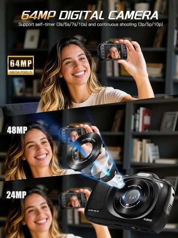 كاميرا رقمية True 4K بدقة 64 ميجابكسل للأطفال والمراهقين - تكبير 16X، تركيز تلقائي، وضع ماكرو، مضاد للاهتزاز، وضع التجميل، بطاقة 32 جيجابايت، كاميرات تسجيل فيديو مدمجة للتصوير الفوتوغرافي والفيديو (أسود) in Kuwait