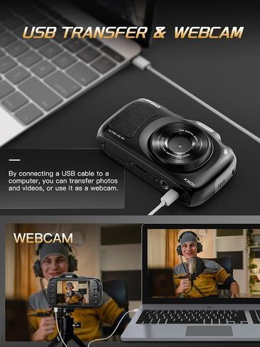 كاميرا رقمية True 4K بدقة 64 ميجابكسل للأطفال والمراهقين - تكبير 16X، تركيز تلقائي، وضع ماكرو، مضاد للاهتزاز، وضع التجميل، بطاقة 32 جيجابايت، كاميرات تسجيل فيديو مدمجة للتصوير الفوتوغرافي والفيديو (أسود) in Kuwait