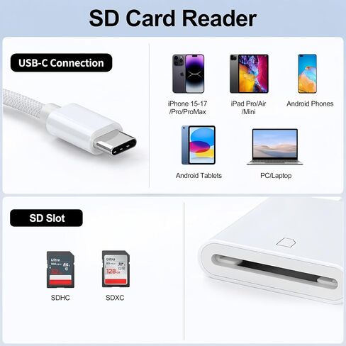 Camera Adapter to iPhone USB C, SD SDHC SDXC Card Reader to USBC, White in Kuwait