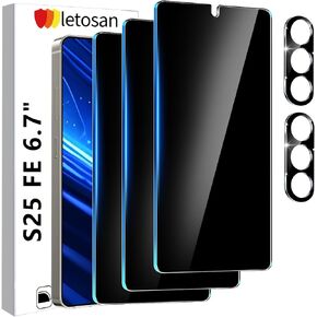 Letosan 3 عبوات واقي شاشة للخصوصية لهاتف Samsung Galaxy S25 FE من الزجاج المقسى + 2 واقي عدسة الكاميرا، مضاد للتجسس حقيقي 25 درجة، صلابة 9H+، فتح بصمات الأصابع، حافظة خالية من الفقاعات مقاس 6.7 بوصة in Kuwait