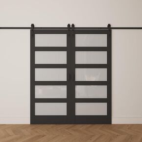 5-Lite Frosted Glass Black Primed Wood Barn Door Soft Close, 24" × 80" in Saudi Arabia