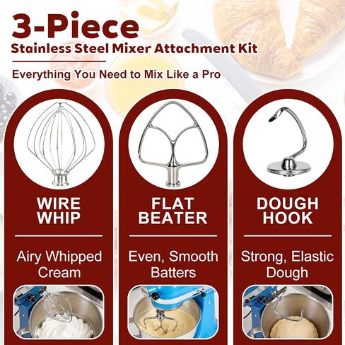 3-Piece Stainless Steel Mixer Attachment Kit for KitchenAid 4.5 and 5 QT Tilt-Head Stand Mixers, Includes K45WW Wire Whip, Dough Hook & K45B Flat Beater, Dishwasher Safe in Saudi Arabia