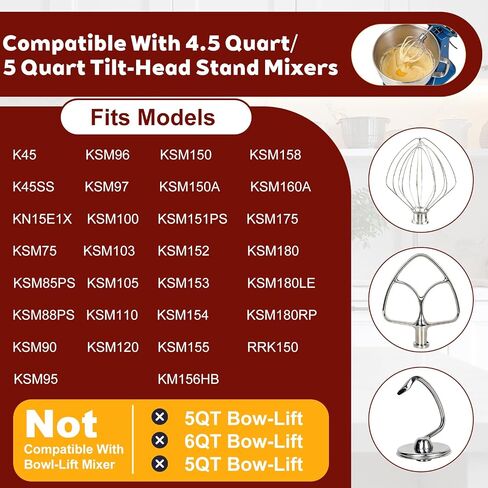 3-Piece Stainless Steel Mixer Attachment Kit for KitchenAid 4.5 and 5 QT Tilt-Head Stand Mixers, Includes K45WW Wire Whip, Dough Hook & K45B Flat Beater, Dishwasher Safe in Saudi Arabia