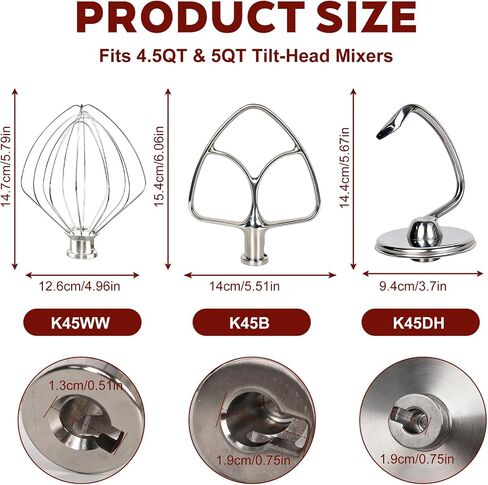 3-Piece Stainless Steel Mixer Attachment Kit for KitchenAid 4.5 and 5 QT Tilt-Head Stand Mixers, Includes K45WW Wire Whip, Dough Hook & K45B Flat Beater, Dishwasher Safe in Saudi Arabia