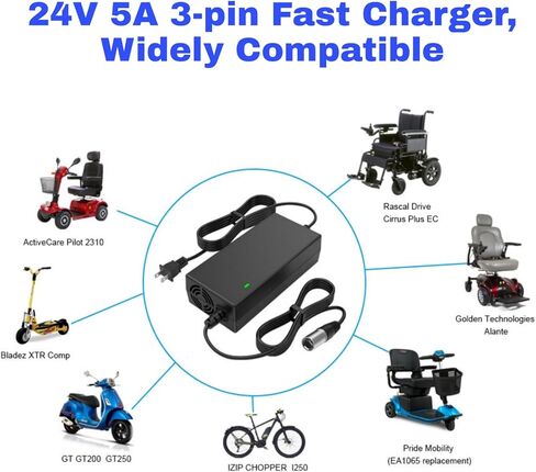 24V (29V) 5A 3-Pin Fast Battery Charger for Wheelchair Lakematic, Pride Mobility, Jazzy Power Chair, for Drive Medical, Golden Technologies, Rascal, Shoprider, Heartway, Bladez, Quantum Power Cord in Saudi Arabia
