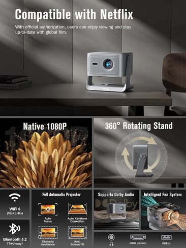 【Now with Netflix & 3000 ANSI】Smart 4K Projector with WiFi and Bluetooth, VISSPL 3D Dolby Audio and Auto Focus Portable Outdoor Projector, Movie Display Booths Projectors for Bedroom/Ceiling in Kuwait