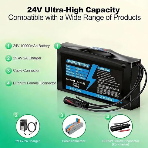 24V 10Ah Rechargeable Battery Pack with 29.4V Fast Charger, 25A BMS & XT60 in Saudi Arabia