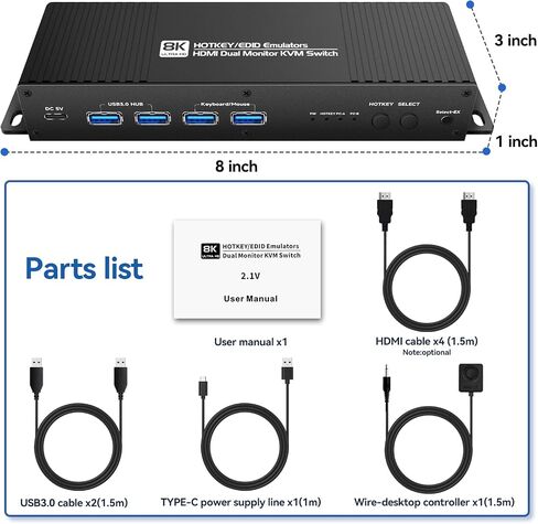HDMI Kvm Switch 2 Monitors 2 Computers edid Emulator 4k 144hz Hotkey Switching Dual Monitor Kvm Switch hdmi 2.1 edid 1440P 120hz 144hz 165hz 240hz 2 Monitors 2 Computers USB3.0 in Saudi Arabia
