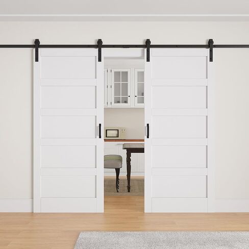 5-Paneled Wood White Primed Wood Barn Door Soft Close, 60" × 80" in Saudi Arabia