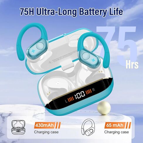 Qecnato 75H Sports Wireless Earbuds Bluetooth 5.4 Headphones Stereo, Blue in Kuwait