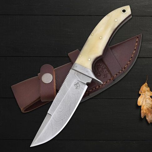 Knives Ranch Handmade 9" Hunting Knife - Excellent Edge Retention - Great for Camping & Bushcrafts - Cattle Bone Handle with Finger Guard Heavy Duty Leather Sheath (2131) in Saudi Arabia