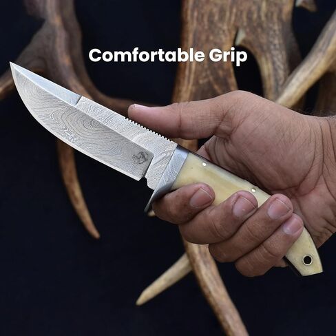 Knives Ranch Handmade 9" Hunting Knife - Excellent Edge Retention - Great for Camping & Bushcrafts - Cattle Bone Handle with Finger Guard Heavy Duty Leather Sheath (2131) in Saudi Arabia