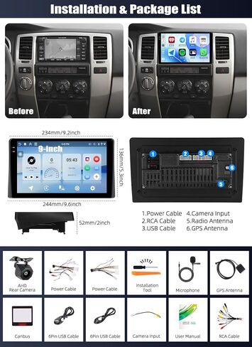 SIXTOP 4G+64G Android Car Stereo Radio for Toyota 4Runner 2003-2009 Wireless CarPlay Android Auto Bluetooth5.0 GPS Navigation 9 Inch 1280*720 Touchscreen FM/RDS WiFi 32EQ SWC AHD Backup Camera Canbus in Kuwait