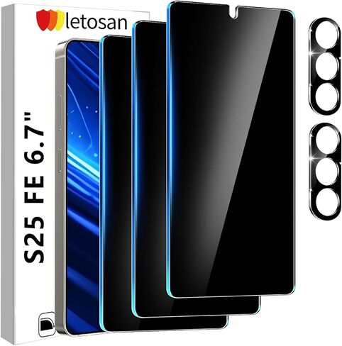 Letosan 3 عبوات واقي شاشة للخصوصية لهاتف Samsung Galaxy S25 FE من الزجاج المقسى + 2 واقي عدسة الكاميرا، مضاد للتجسس حقيقي 25 درجة، صلابة 9H+، فتح بصمات الأصابع، حافظة خالية من الفقاعات مقاس 6.7 بوصة in Kuwait