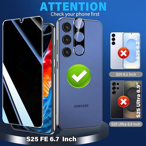 Letosan 3 عبوات واقي شاشة للخصوصية لهاتف Samsung Galaxy S25 FE من الزجاج المقسى + 2 واقي عدسة الكاميرا، مضاد للتجسس حقيقي 25 درجة، صلابة 9H+، فتح بصمات الأصابع، حافظة خالية من الفقاعات مقاس 6.7 بوصة in Kuwait