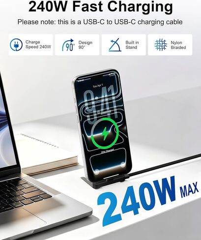 USB C Cable with Hidden Foldable Phone Stand, 240W Fast Charging Cable, 5FT in Kuwait