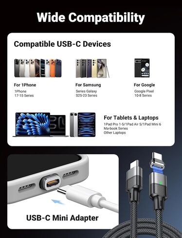 AUFU 240W Magnetic USB C Charging Cable with 2 Detachable Tips 6.6FT in Kuwait