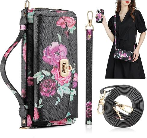 Wallet Case for Samsung Galaxy S23 Ultra 5G Detachable Crossbody Shoulder Strap Floral PU Leather Wristlet Mirror Flip Zipper Purse Phone Cover for S23Ultra 23S S 23 23Ultra 6.8inch Girls Black in Saudi Arabia