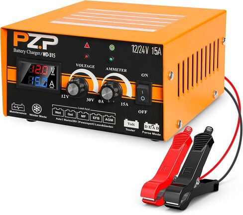 12V 24V Manual Battery Charger Maintainer, 0 to 15A Arbitrarily Adjustable Car Battery Trickle Charger, Battery Desulfator with Repair, Winter Mode, Suitable for AGM Gel Deep Cycle Truck RV ATV in Kuwait
